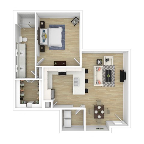 a stylized floor plan with a bedroom and a living room